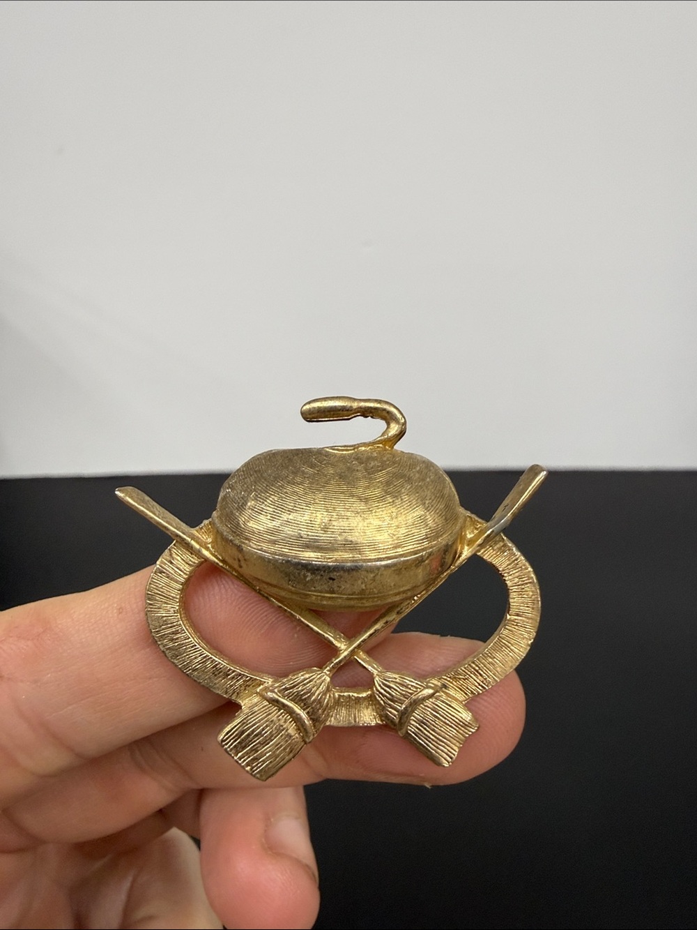 VINTAGE Gold Tone Curling Rock And Brooms Themed Brooch